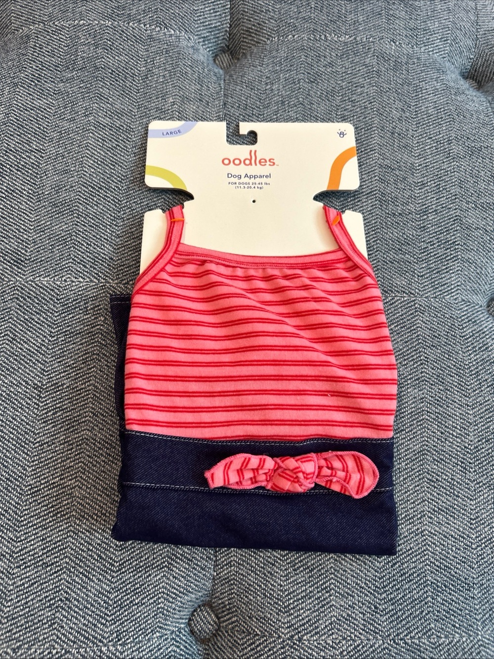 Oodles Dog Apparel Pink/Blue Striped Denim Bow Dress Stretch Size L- NWT